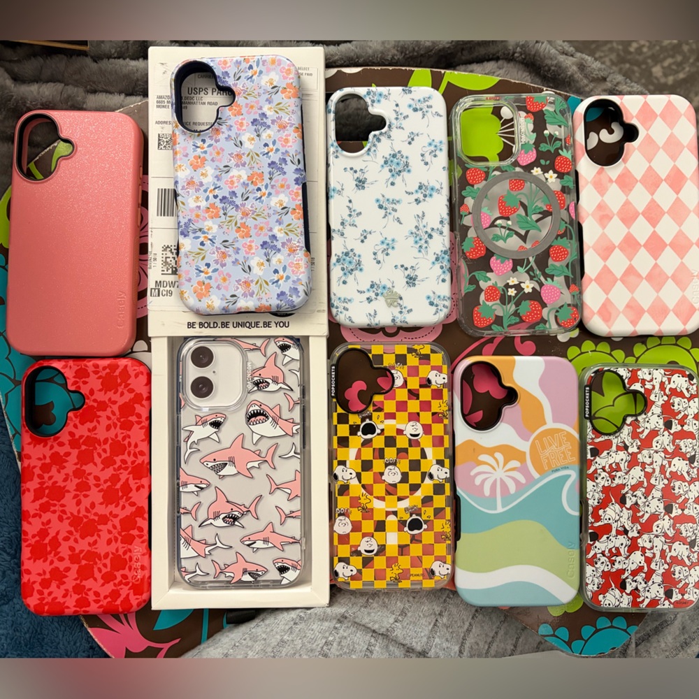Lot of iPhone 16 cases and 1 glass screen protector.